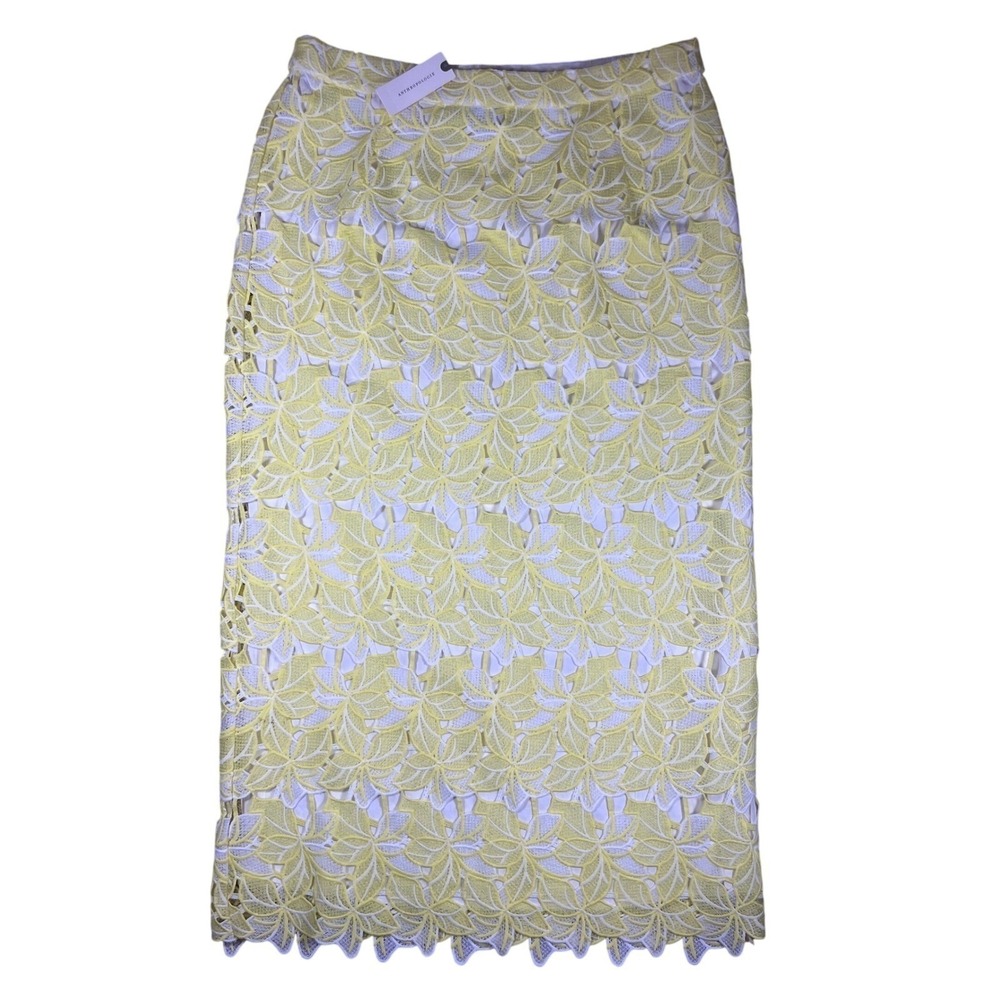 Anthropologie Buttercup Eyelet Midi Skirt Yellow Floral Lace Overlay NWT Large